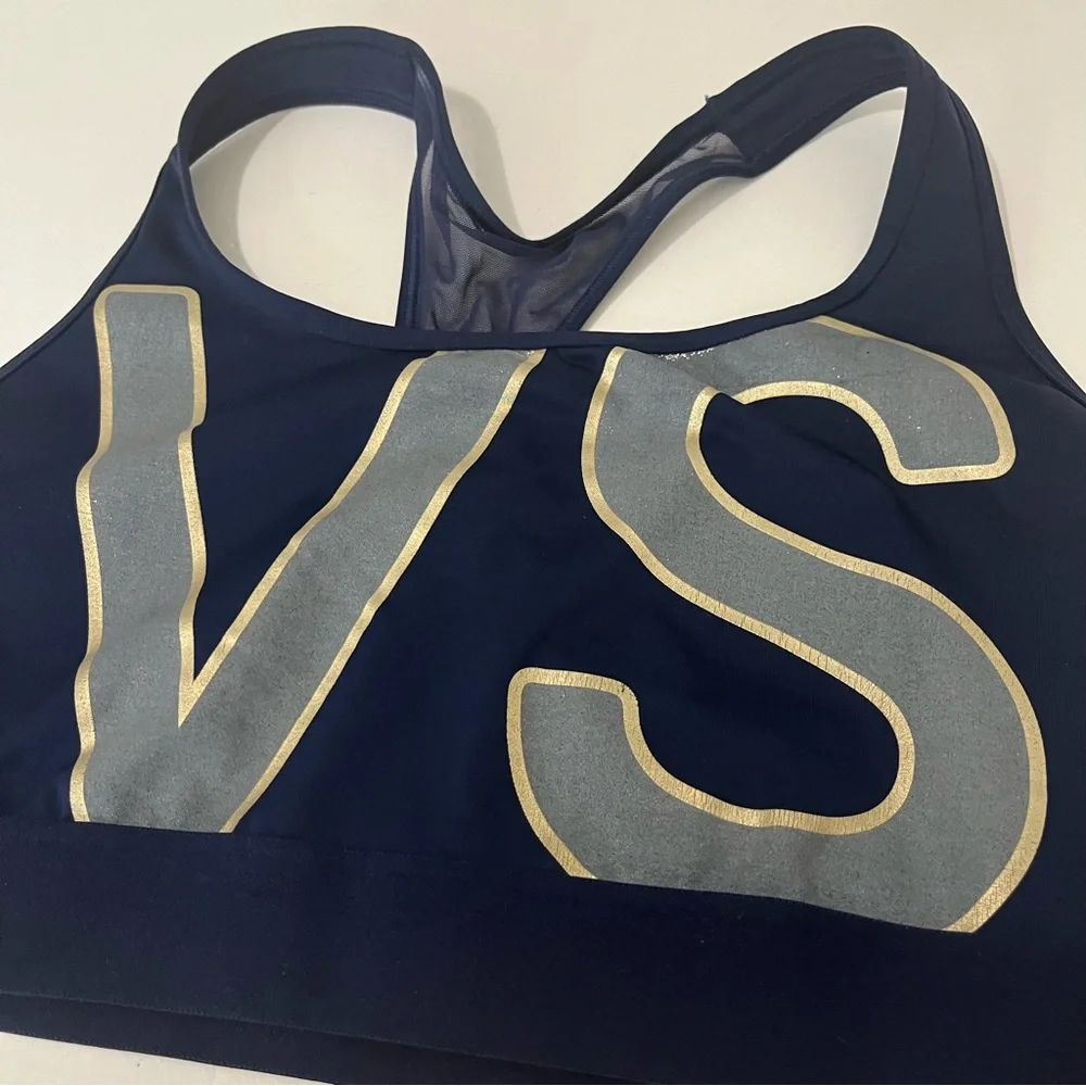 Victoria Sport VS Logo Navy Blue Sports Bra Mesh Racerback Womens Size L
